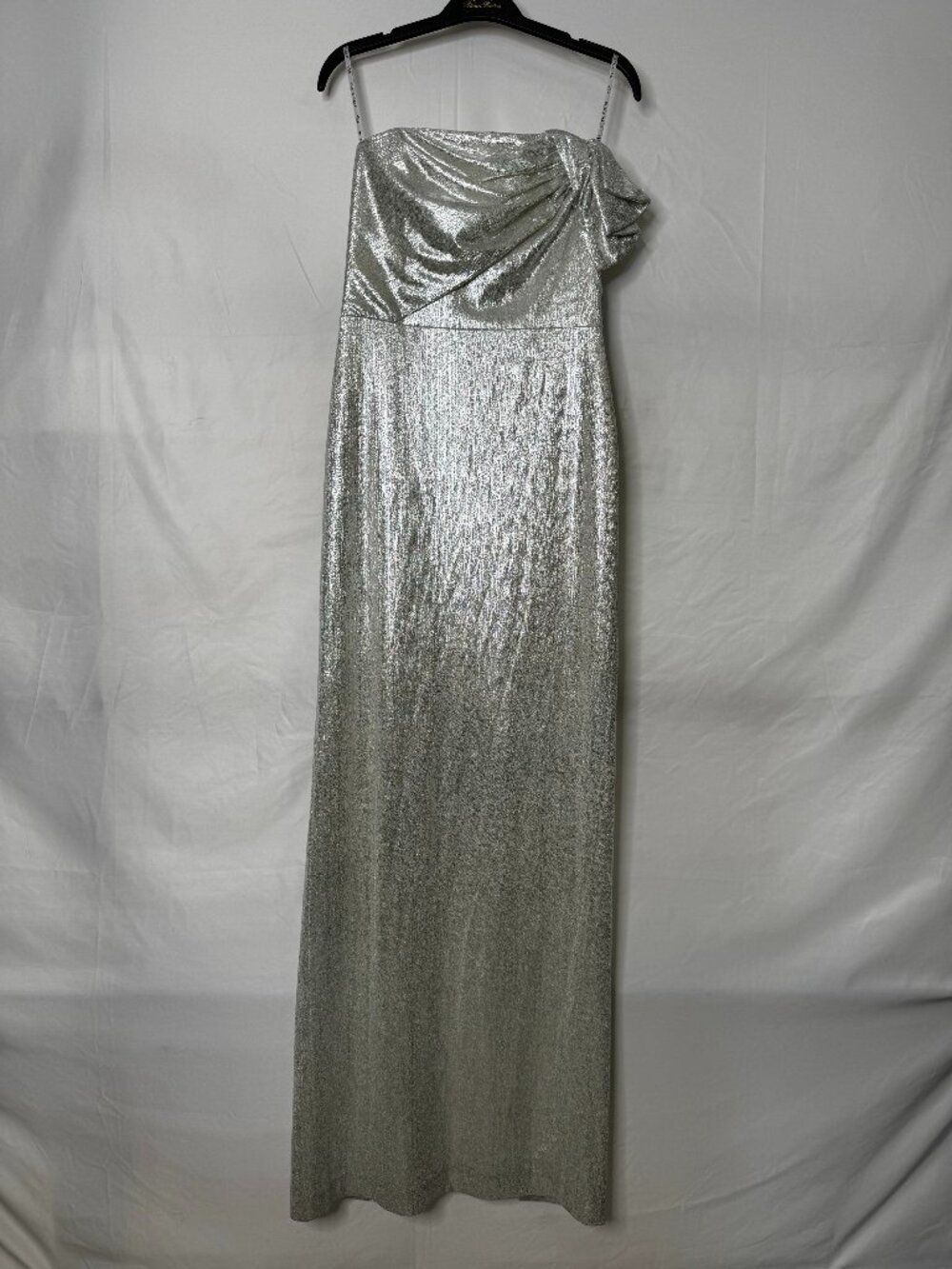 Black Halo EVE Silver Metallic Strapless Draped Bow Gown Size 8 NWOT